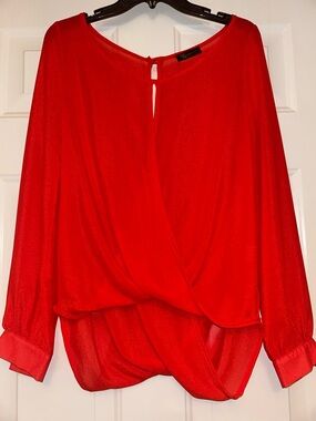 KLD Signature Bubble Hem Women's Top S Coral Red Draped LS Career USA
